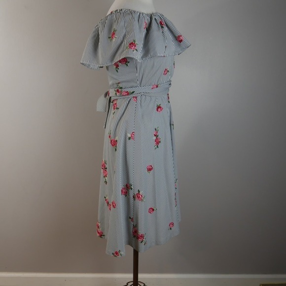 Calvin Klein Off-Shoulder A-Lined Dress Floral Embroidery Striped Ruffled Size 6 - Picture 3 of 10